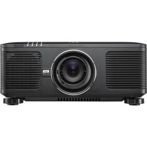 Black multimedia projector with a central lens, circular lens ring, side ventilation grills, and adjustable feet.