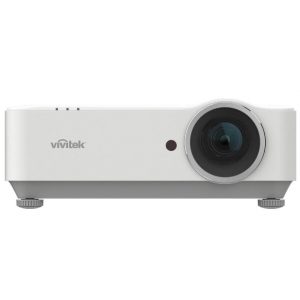 Vivitek white portable projector with a large round lens and adjustable feet.