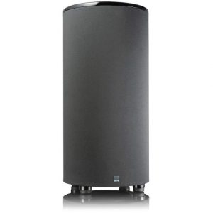 Interdyn Svs cylindrical floor-standing speaker with dark gray fabric grille, black glossy top, and small brand badge.