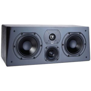 Interdyn Center-channel loudspeaker with two large side woofers, a central midrange driver, and a dome tweeter in a dark gray cabinet.