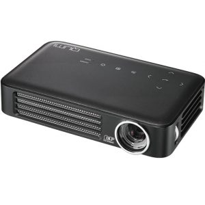 ilumi portable DLP projector with front lens, perforated vent grille, and control icons on the top surface.