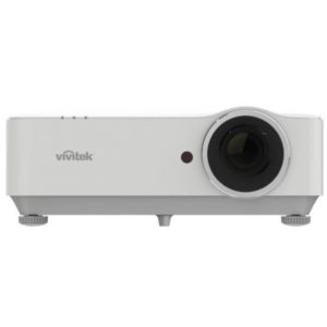Vivitek projector with large circular front lens on white compact body and adjustable feet