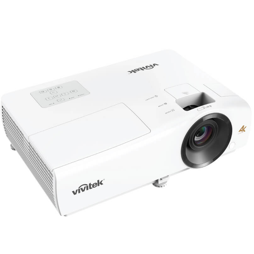 Vivitek Hk2200 Ultrahd 4K Projector Vivitek white 4k projector with large front lens, top control panel, and side vents.