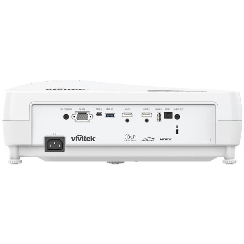 Vivitek Hk2200 Ultrahd 4K Projector Back view of a white vivitek projector with hdmi, usb, rs-232, 12v trigger, and power input.