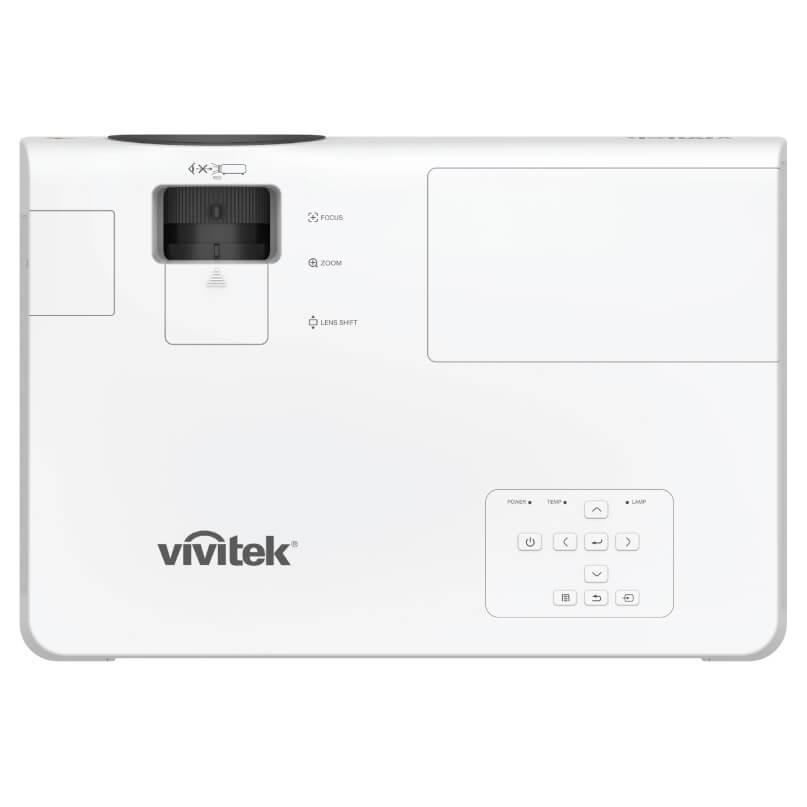 Vivitek Hk2200 Ultrahd 4K Projector Vivitek projector with front-mounted lens, focus and zoom indicators, and a built-in control panel on the lower right.