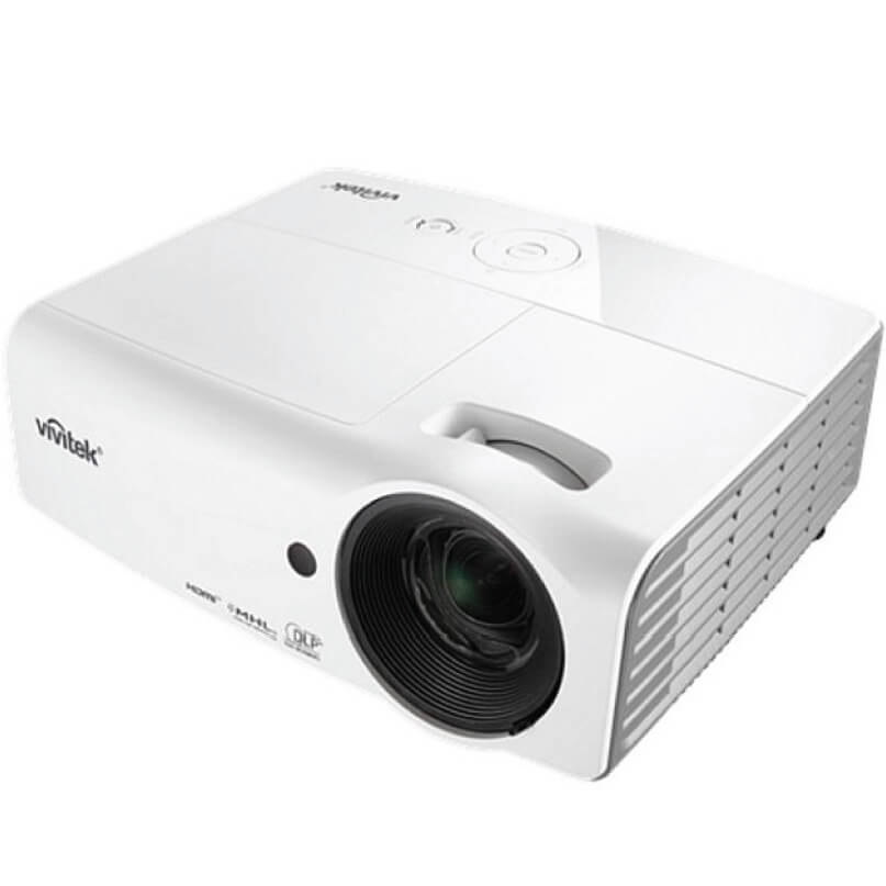 Vivitek projector with large front lens, white compact body, top control panel, and side vents.