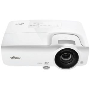 Vivitek white DLP projector with large front lens and top control panel.