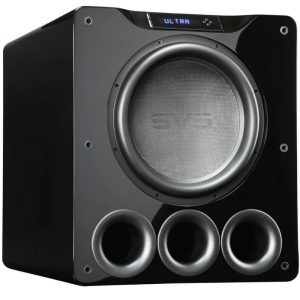 Interdyn Black powered subwoofer with a large center driver, three front bass ports, and a blue ultra display.