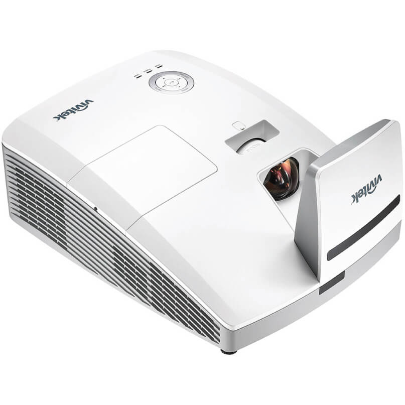 Vivitek portable white projector with visible front lens and side cooling vents.