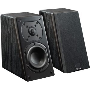 Interdyn Svs bookshelf speakers with black wood veneer, one grille removed showing circular tweeter above a woofer.