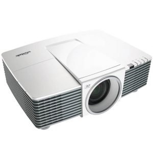 Vivitek DLP projector with large front lens, white casing, and ribbed side cooling vents.