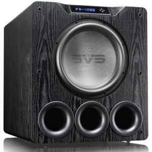 Interdyn Svs pb-4000 front-ported subwoofer with a large front driver and three bass ports on a black wood-grain cabinet.