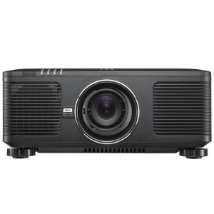 Black multimedia projector with central lens, circular lens surround, side ventilation grills, and adjustable feet.