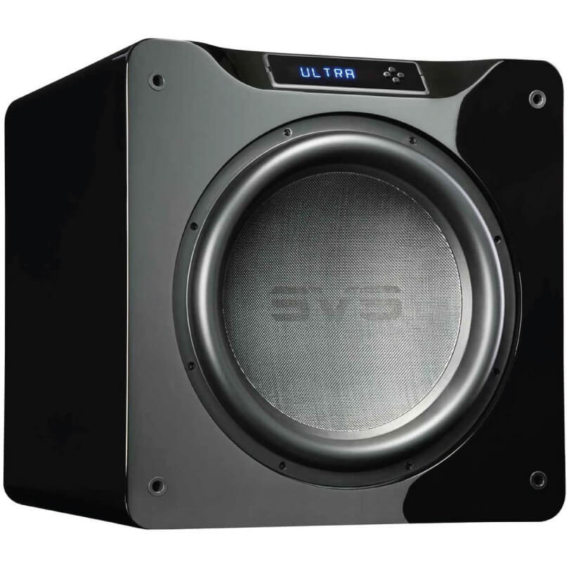 Svs Sb16-Ultra Subwoofer Black subwoofer with a large circular driver, glossy front panel, and a blue ultra display.