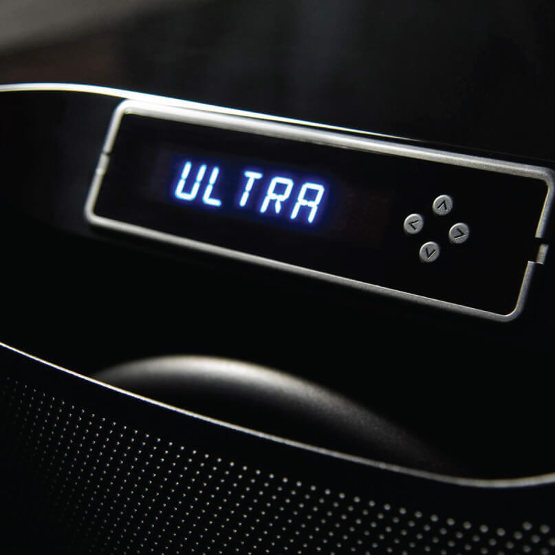 Svs Sb16-Ultra Subwoofer Close-up of a a black audio device with a blue led display reading ultra and four directional buttons beside speaker grille