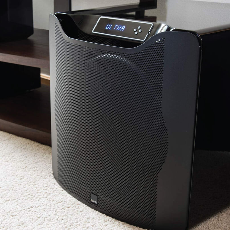 Svs Sb16-Ultra Subwoofer Black floor-standing subwoofer with perforated grille and blue ultra display at the top.