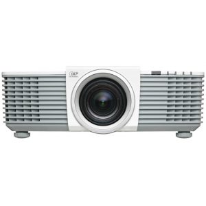 DLP projector with a centered large lens, white body, and gray vented side panels.