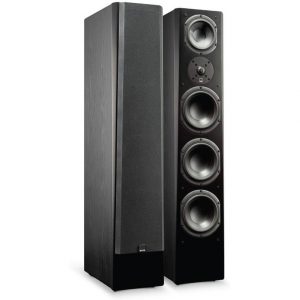 Interdyn Pair of black floorstanding loudspeakers; left grille-covered, right reveals four circular drivers.