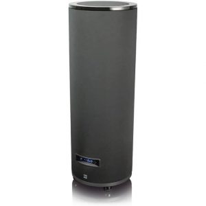 Interdyn Tall black cylindrical floor-standing speaker with chrome top rim and small led display near the base.