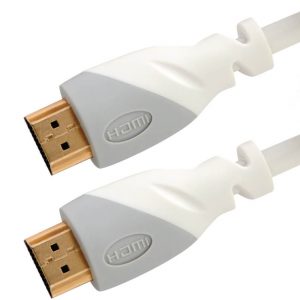 Two white HDMI cables feature gold-plated connectors and an HDMI logo on the housing.
