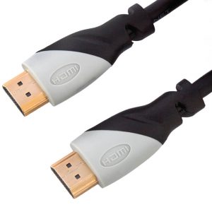HDMI cable with gold-plated connectors and gray molded ends.