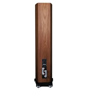 Floorstanding loudspeaker with wood veneer, rear terminal panel, and adjustable metal feet on a black base.