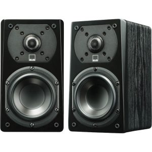 Interdyn Pair of svs bookshelf speakers with black front baffles, 1-inch tweeters and 5. 25-inch woofers in a black wood veneer cabinet.