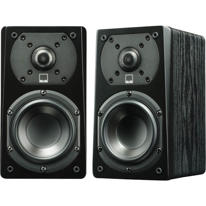 Svs Prime Satellite Bookshelf Speakers Pair of svs bookshelf speakers with black front baffles, 1-inch tweeters and 5. 25-inch woofers in a black wood veneer cabinet.