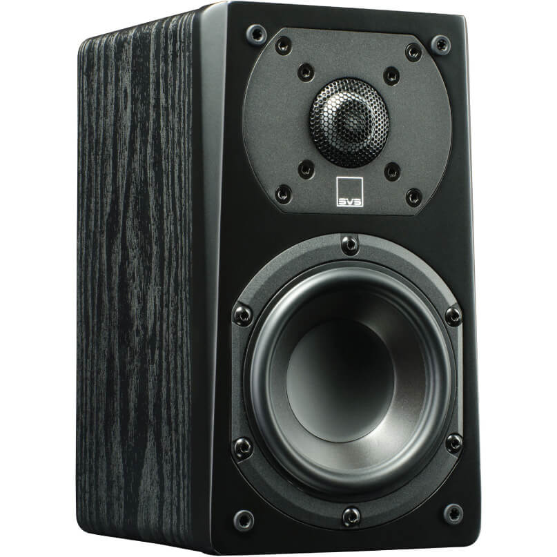 Svs Prime Satellite Bookshelf Speakers Electro-voice bookshelf speaker with black front panel, wood-grain side, featuring a woofer and circular tweeter.