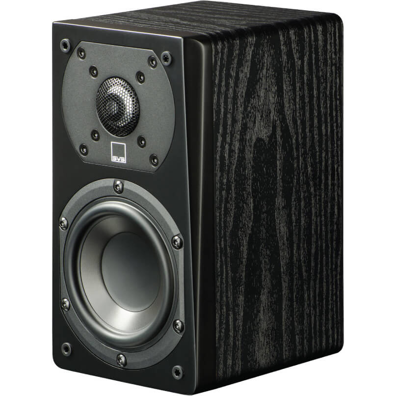 Svs Prime Satellite Bookshelf Speakers Svs bookshelf speaker with a metal dome tweeter and large woofer in black wood veneer.