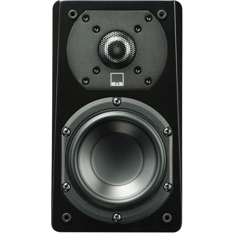 Svs Prime Satellite Bookshelf Speakers Svs bookshelf two-way speaker with round tweeter and large woofer in a black cabinet