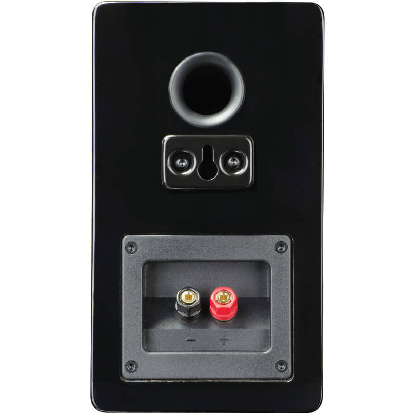 Svs Prime Satellite Bookshelf Speakers Rear view of a black speaker with red and black binding posts and a circular bass port.