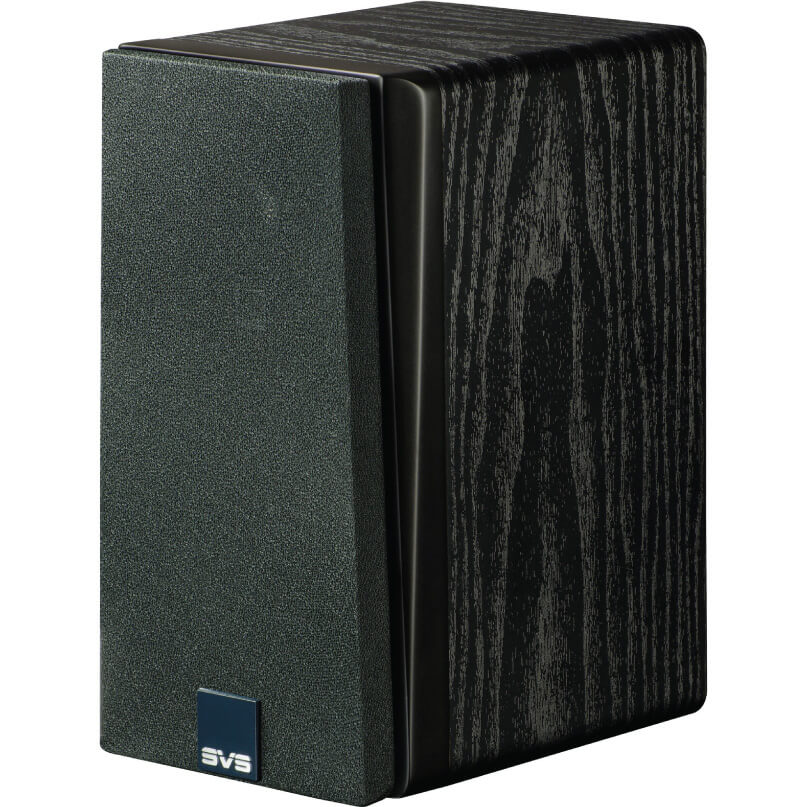 Svs Prime Satellite Bookshelf Speakers Svs bookshelf speaker with dark fabric grille and black woodgrain cabinet.