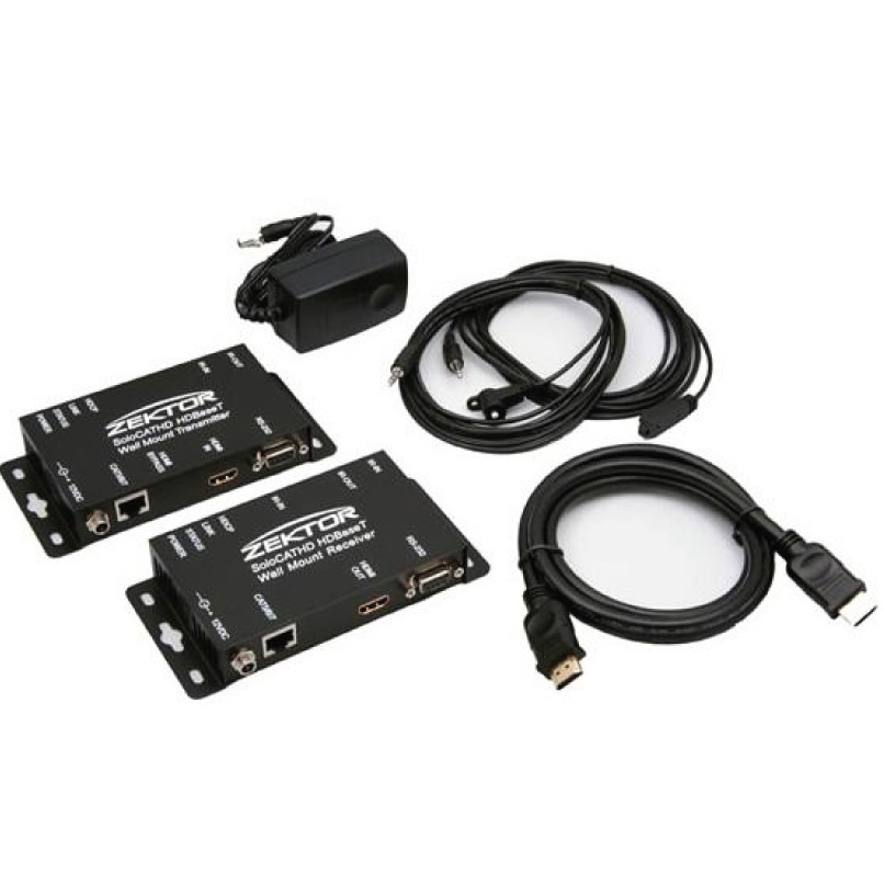 Zektor Solocat Hdl Poe Extender Set Zektor module receiver kit with two black receiver units, power adapter, and assorted cables.