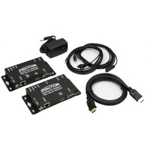 Zektor HDMI extender kit with two black receivers, power supply, and HDMI/IR cables.