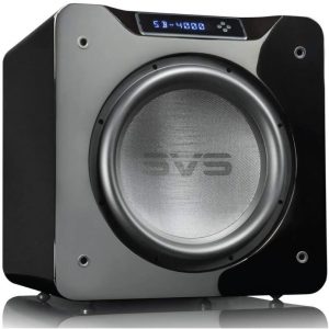 SVS SB-4000 subwoofer with silver cone and blue LED display.
