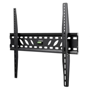 Adjustable wall-mount bracket for a flat-screen TV with dual vertical rails and built-in bubble level.