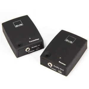 Interdyn A pair of black svs wireless audio transmitter and receiver modules with 3. 5mm jacks and labeled audio in/out.