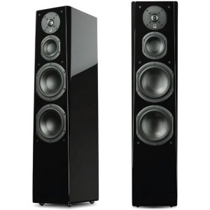 Interdyn Pair of glossy black floor-standing speakers with four drivers each: a tweeter, midrange, and two woofers.