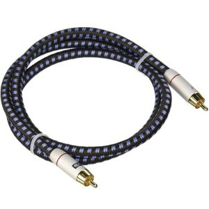 Interdyn Braided blue and black stereo rca audio cable with gold-plated connectors.