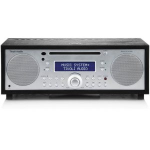 Tivoli Audio Music System+ all-in-one stereo with front LCD display, two large circular speakers, and a central volume dial.