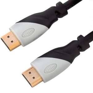 HDMI cable with gold-plated connectors and gray molded housings on a black cable.