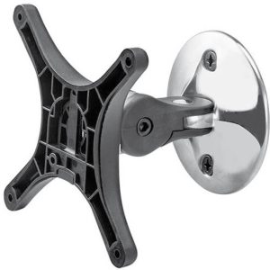 Wall-mounted adjustable monitor mount with chrome circular base and four-arm VESA mounting plate.