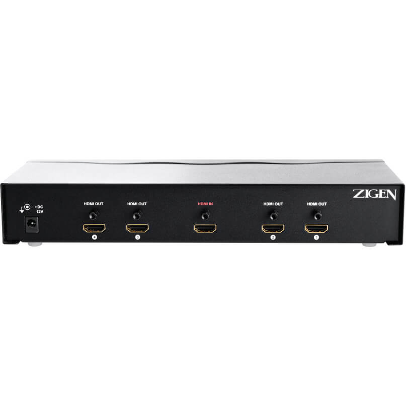 Zigen 14Da Hdmi Distribution Amplifier Zigen hdmi matrix switch 1x4 with one hdmi input and four hdmi outputs in a black rackmount enclosure