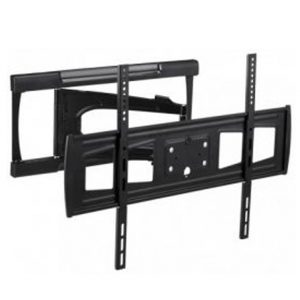 Black dual-arm full-motion TV wall mount bracket with adjustable rails and central mounting plate.