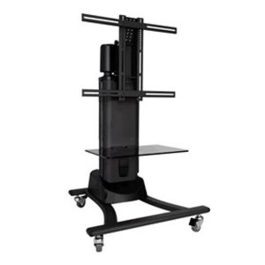 Mobile height-adjustable monitor cart with electric lift, vertical mounting frame, glass shelf, and four-wheeled base.
