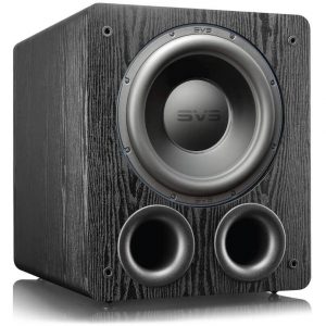 Interdyn Svs subwoofer with black wood-grain cabinet, large front driver, and two front-firing ports.