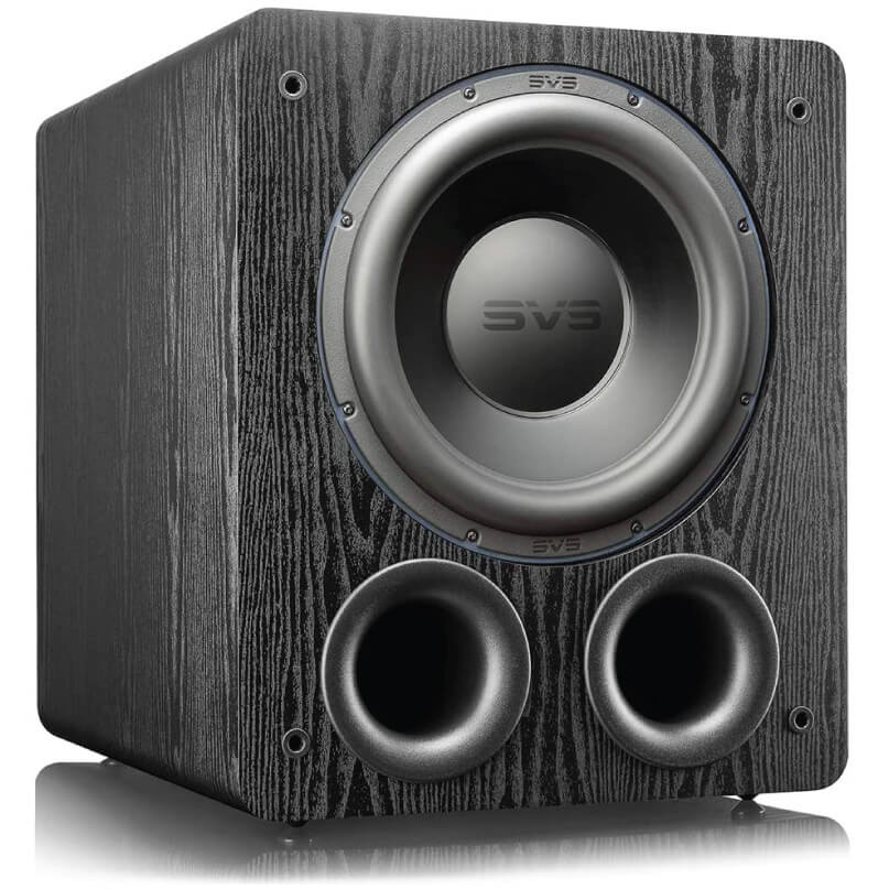 Svs Pb-3000 Subwoofer Svs subwoofer with black wood-grain cabinet, large front driver, and two front-firing ports.