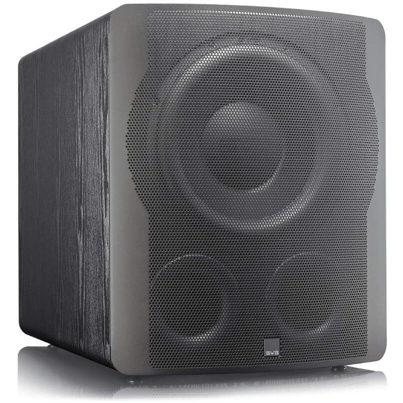 Svs Pb-3000 Subwoofer Svs black subwoofer with perforated front grille, large main woofer and two smaller drivers, wood-grain cabinet.