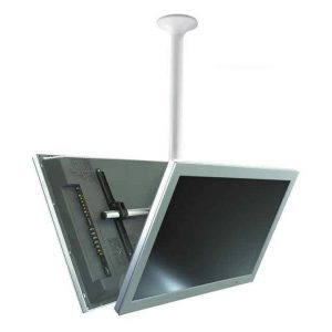 Ceiling-mounted dual LCD monitor stand with adjustable tilt and swivel.